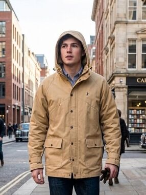 Mobile Bay Men’s Full Zip Beige Bomber Jacket Size Medium (6 Pockets-Hooded )
